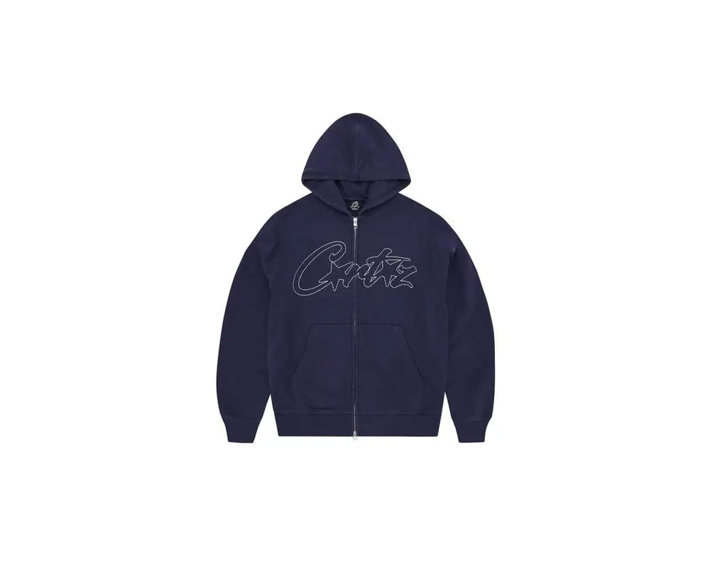 Corteiz Thick Stitch Logo Print Zip Hoodie Navy