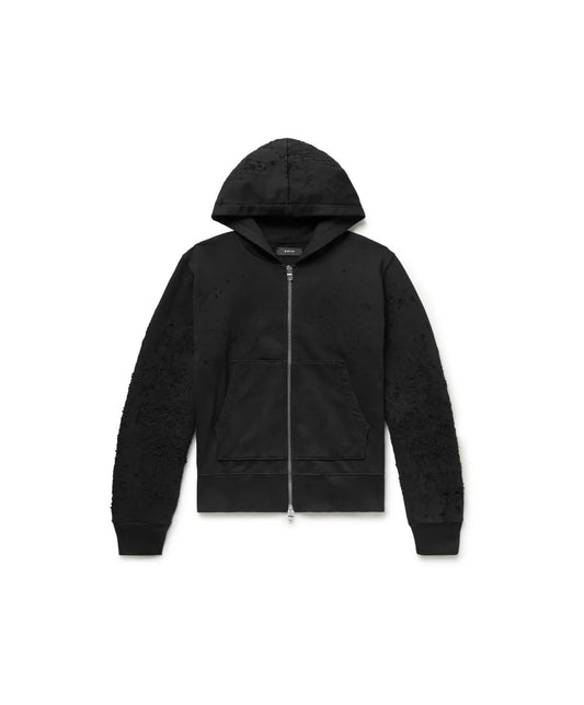 Amiri Shotgun Distressed Zip Up Hoodie Black
