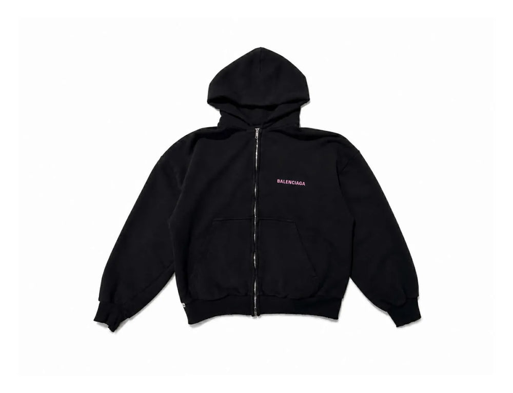Balenciaga Pink Logo Print Zip Hoodie Black