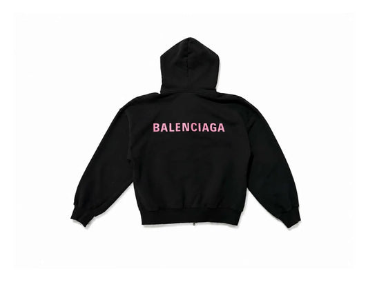 Balenciaga Pink Logo Print Zip Hoodie Black