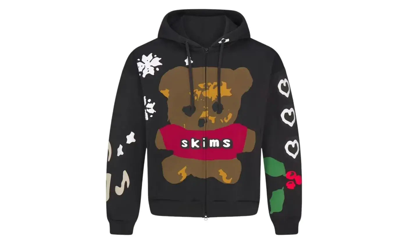 SKIMS x Cactus Plant Flea Market Heavyweight Fleece Mens Relaxed Zip Up Hoodie Onyx Teddy Bear Print
