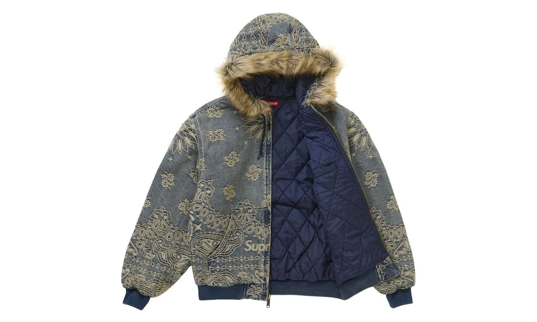 Supreme Bandana Jacquard Denim Hooded Work Jacket Blue - Aplug