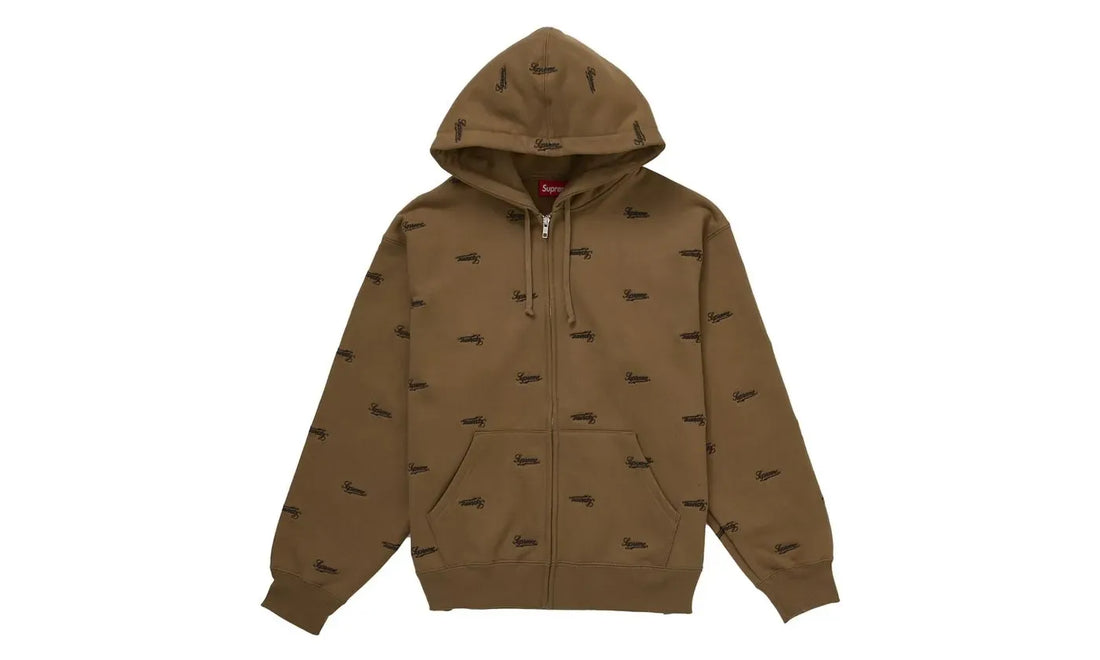 Supreme Repeat Script Zip Up Hooded Sweatshirt Dark Khaki (SUPR 