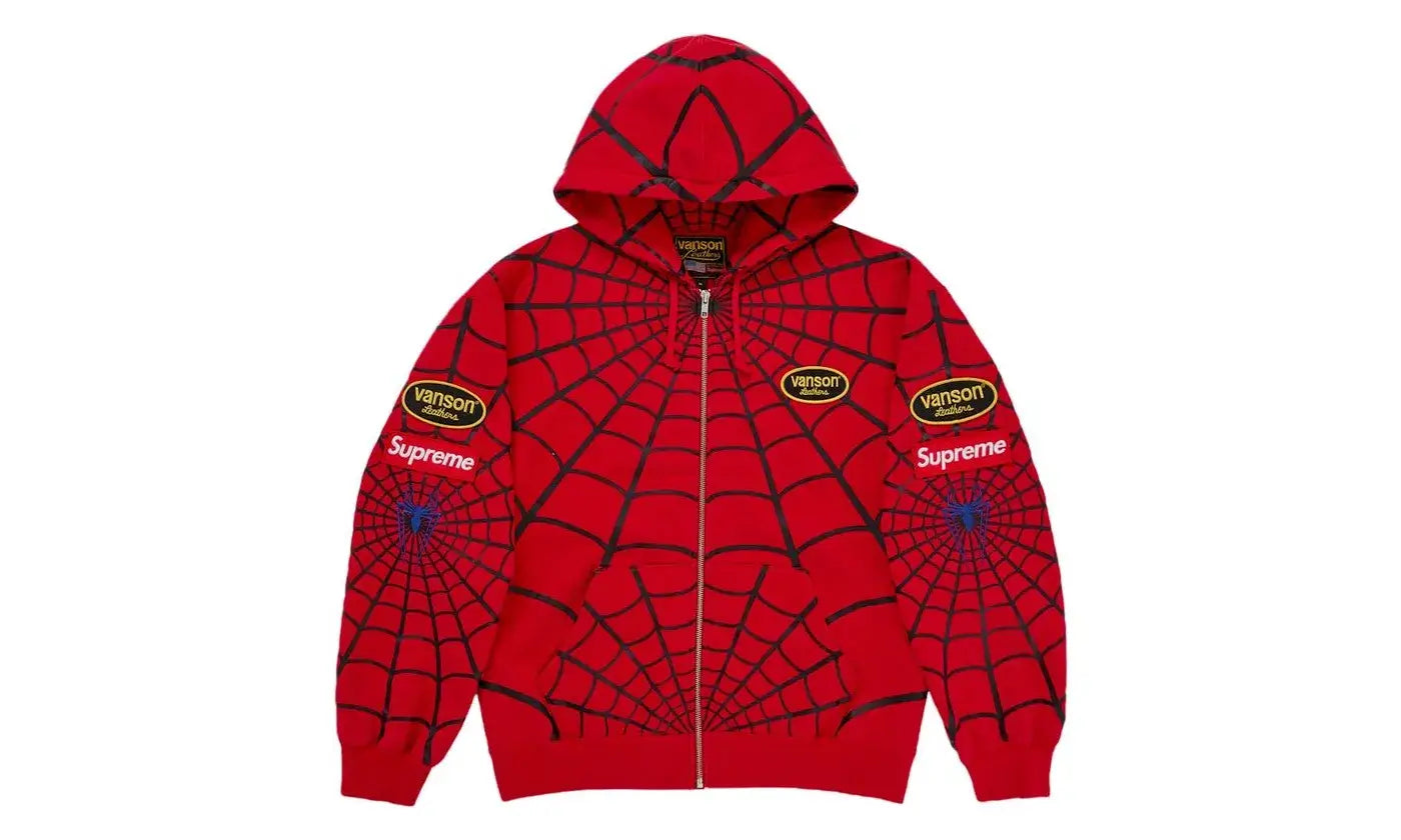 Supreme Vanson Leathers Spider-Man Zip Up Hooded Sweatshirt Red